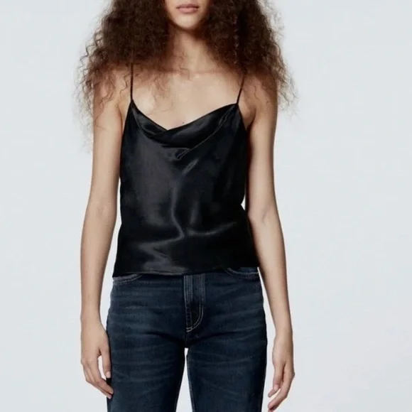Zara | Tops | Zara Black Satin Camisole Cami Tank Top Cowl